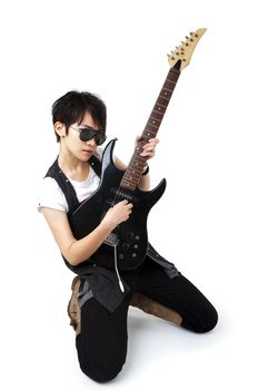 Punk Rockstar holding a guitar isolated in white