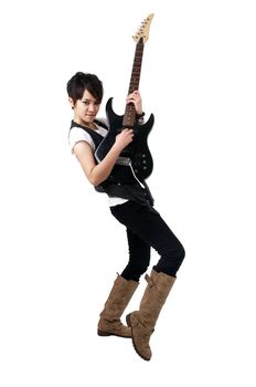 Punk Rockstar playing guitar isolated in white