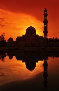 Masjid Tengku Tengah Zaharah or also known as Floating Mosque in Kuala Terengganu; Malaysia with reflection