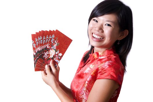 Happy oriental girl with cheongsam wishing you a happy Chinese New Year.