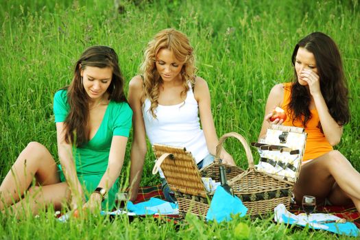 girlfriends on picnic in green grass