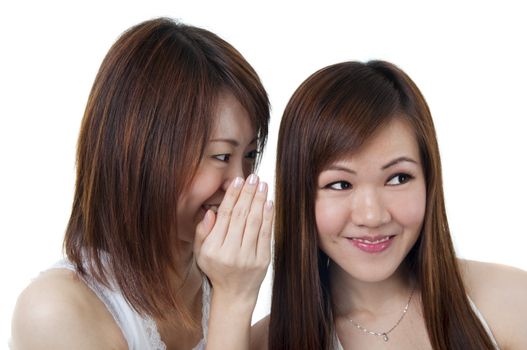 Two happy asian friends talking over white background.