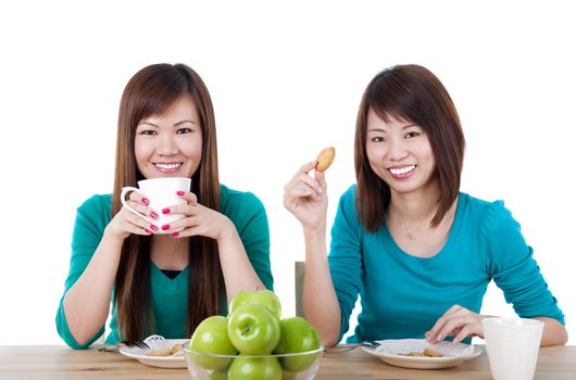 Two Asian women having tea break.