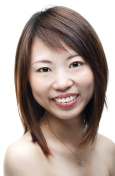 Close up of smiling Asian woman on white background