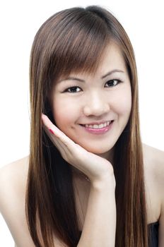 Lovely Asian female smiling on white background