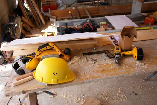 close-up of a hardhat and tools...