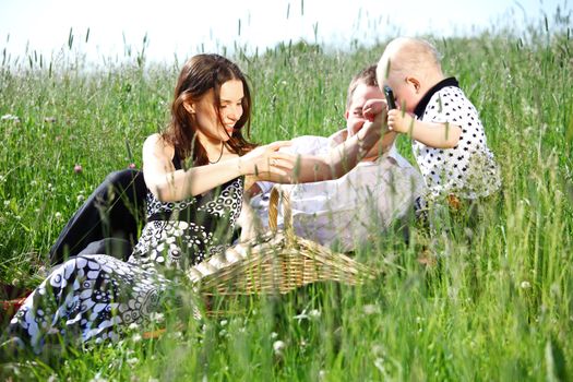  happy family on picnic in green grass