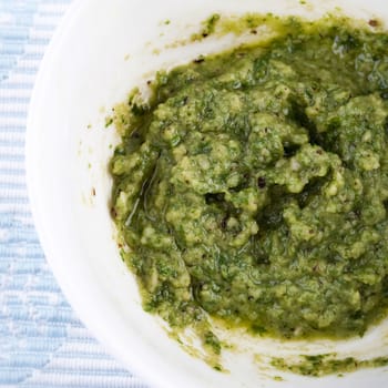 Close up of freshly made green pesto