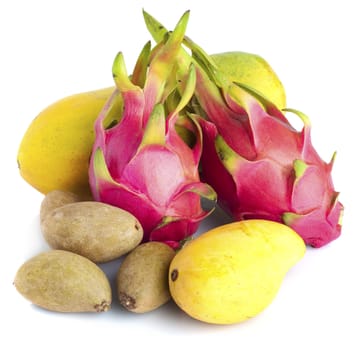 Various Tropical fruits isolated on white background.