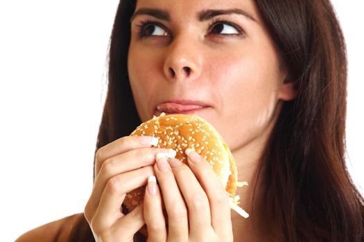 woman eat burger isolated on white background