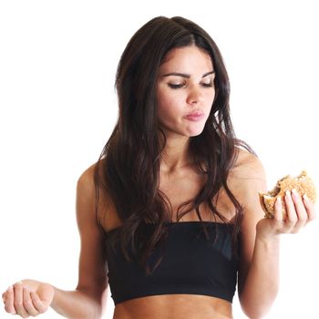 woman eat burger isolated on white background