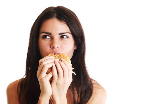 woman eat burger isolated on white background