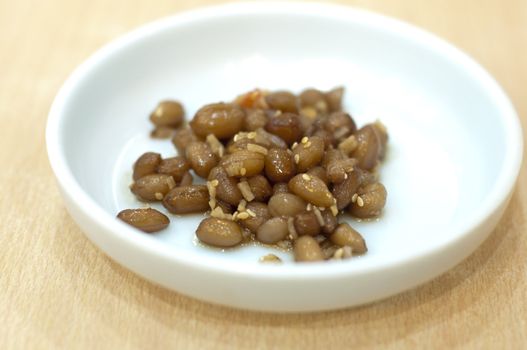 Close up Korean side dishes, steamed peanuts