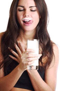 woman drink yogurt close up