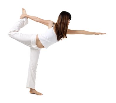 Woman in yoga, the shiva posture, isolated on white.