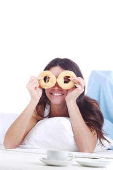 woman wake and see morning coffee