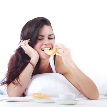 woman wake and see morning coffee