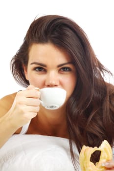 woman wake and see morning coffee