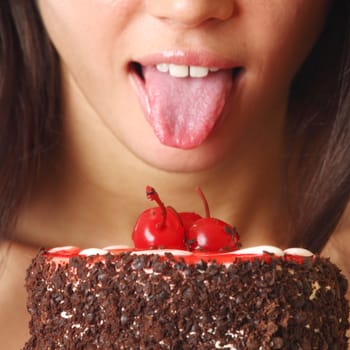 woman hold cake in hands isolated on white