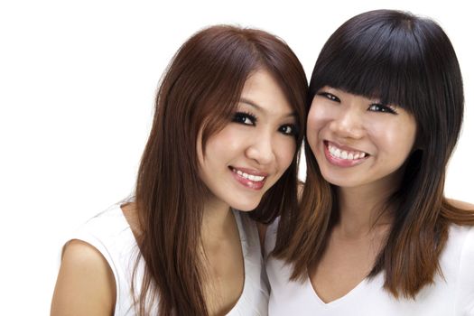 Two Asian best friend smiling on white background