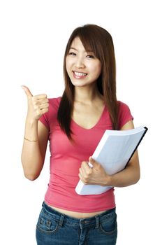 Female student thumbs up with great smile.