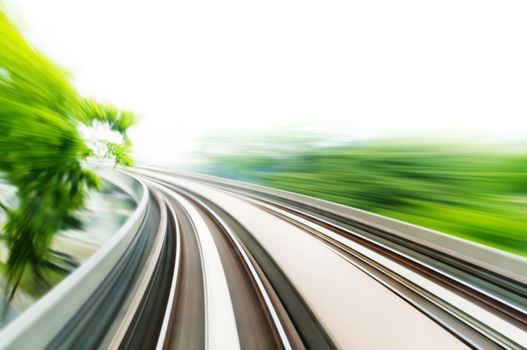 Motion blurred on speeding sky train.