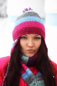 winter women close up portrait in frost forest