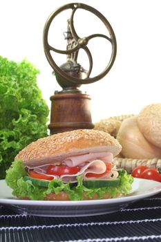 Sesame bagel with lettuce, tomato, cucumber and chicken breast
