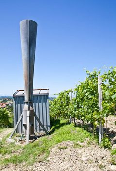 Hail cannon in Italian vineyard, Monferrato and Langhe area, Piemonte region.