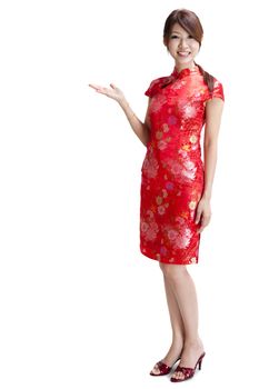 Asian Chinese woman in Traditional Chinese Cheongsam gesturing