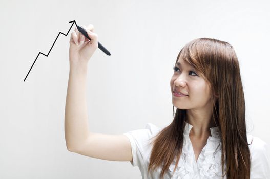 Closeup of young Asian business woman drawing graph on transparent glass or foil.