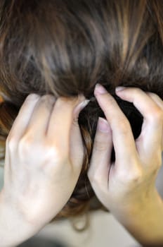 Close up on bride wedding hairdo, overhead view.