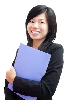 Young Business Women holding file standing on white background
