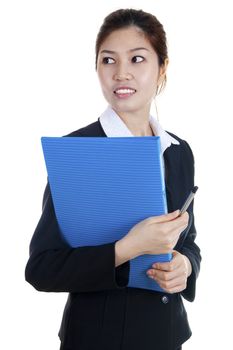 Young Business Women holding file standing on white background