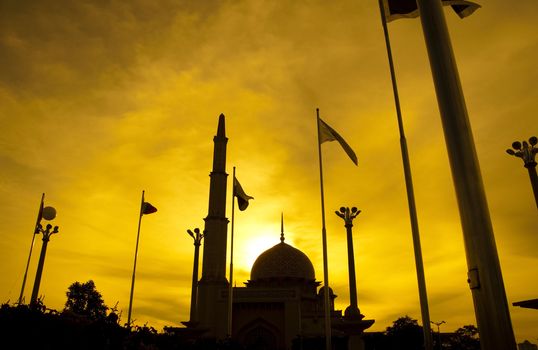 Silhouette of Putra Mosque in sunset. Putrajaya, Malaysia.