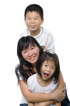 Asian mother and children on white background