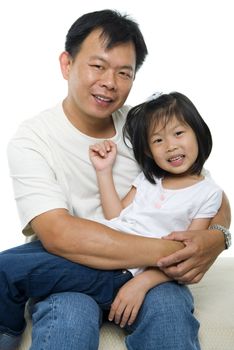 Asian father and daughter on white background
