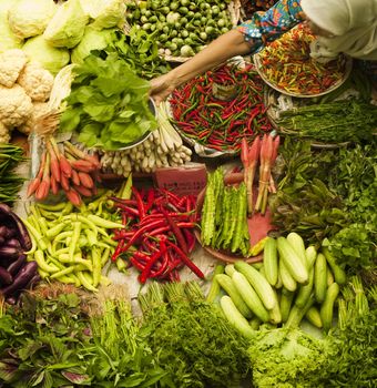 Muslim woman selling fresh vegetables at market in Kota Bharu Malaysia