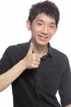 Portrait of hand showing goodluck sign against white background 