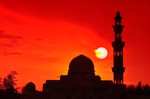Beautiful sun setting at Floating Mosque, Terengganu, Malaysia.
