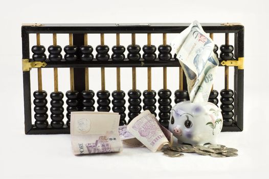 Financial concept photo with abacus and piggy bank 
