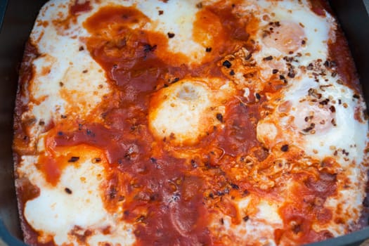 Fresh Shakshuka made in pan Typical North Africa Morocco dish