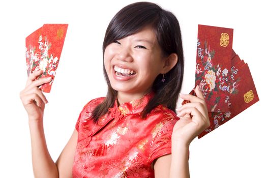 Happy oriental girl with cheongsam wishing you a happy Chinese New Year. 
