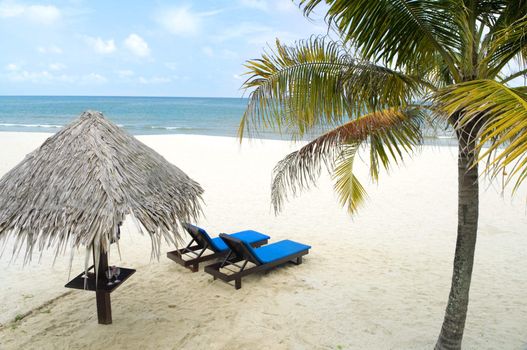 Tropical beach with hut and chairs 
