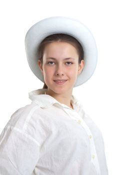 A young girl in a white hat isolated on white background