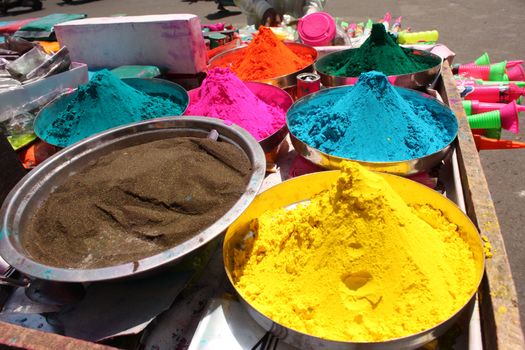 A stall selling traditional colors and toys, on the occasion of Holi festival in India.