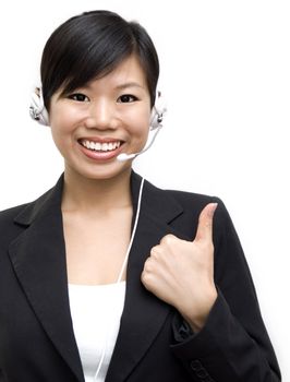 Thumb up Friendly Customer Representative with headset 

