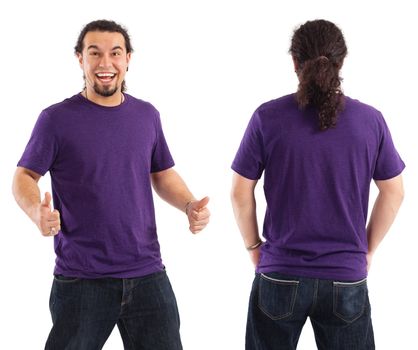 Young male with blank purple t-shirt, front and back. Ready for your design or artwork.