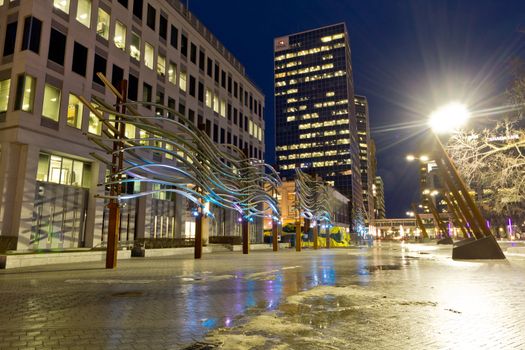 Beautiful downtown regina lit with colorful lights on a clear winter night