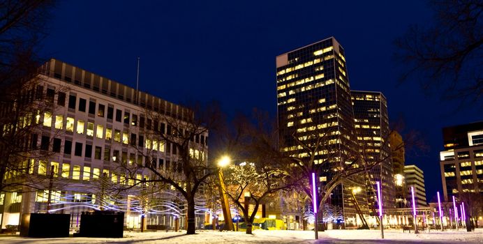 Beautiful downtown regina lit with colorful lights on a clear winter night